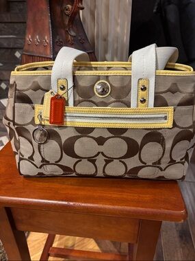 COACH Heritage Stripe Signature Satchel Bag - Yellow & Khaki (F14878) EUC